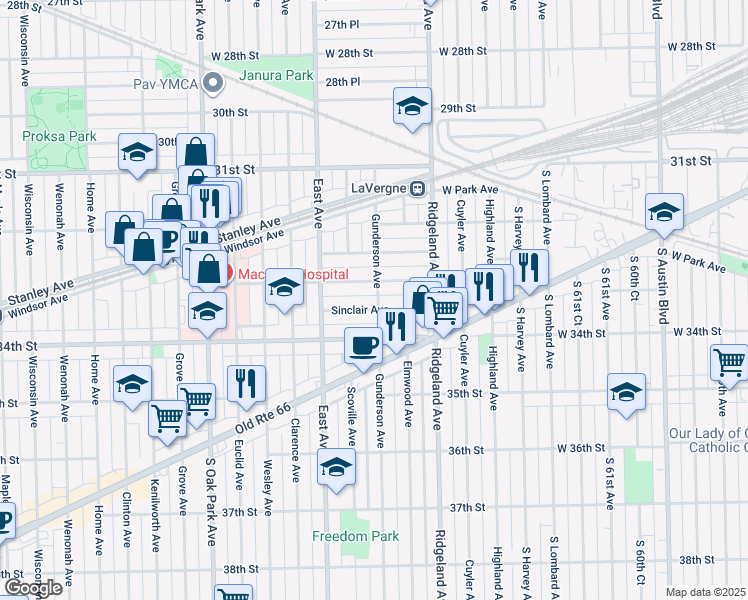 map of restaurants, bars, coffee shops, grocery stores, and more near 6512 33rd Street in Berwyn
