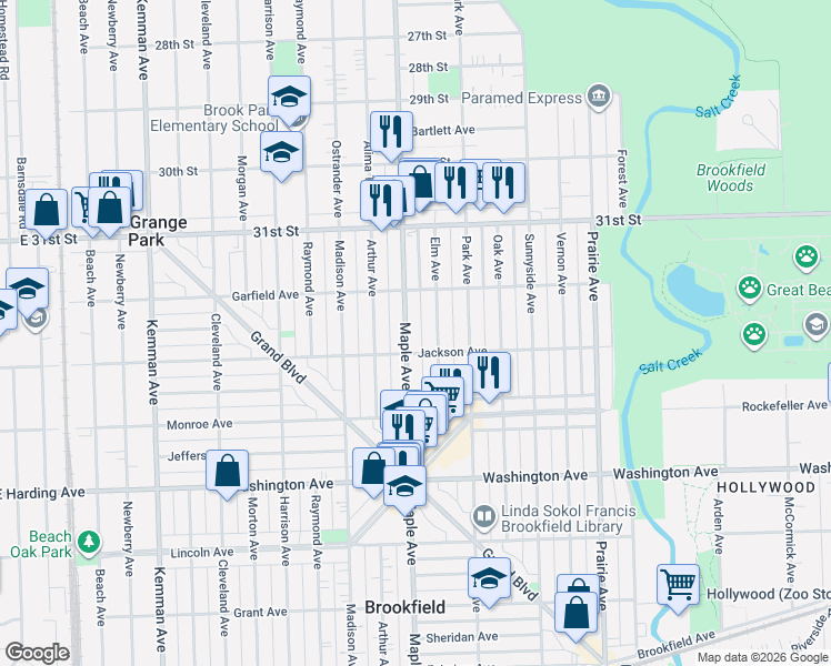 map of restaurants, bars, coffee shops, grocery stores, and more near 3226 Maple Avenue in Brookfield