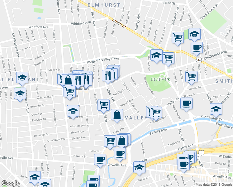 map of restaurants, bars, coffee shops, grocery stores, and more near 39 Fern Street in Providence