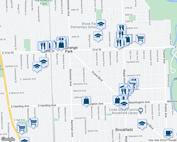 map of restaurants, bars, coffee shops, grocery stores, and more near 3222 Grand Boulevard in Brookfield