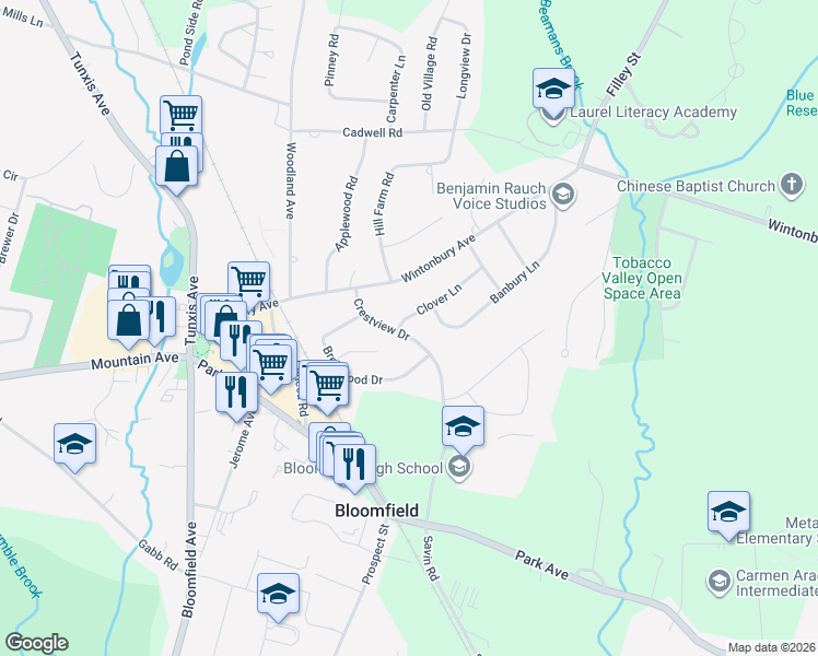 map of restaurants, bars, coffee shops, grocery stores, and more near 11 Crestview Drive in Bloomfield