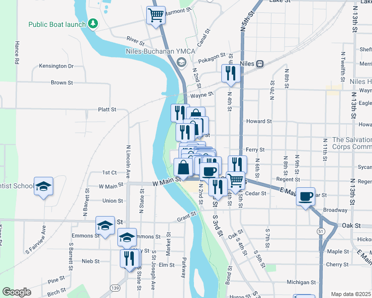 map of restaurants, bars, coffee shops, grocery stores, and more near 402 Front Street in Niles