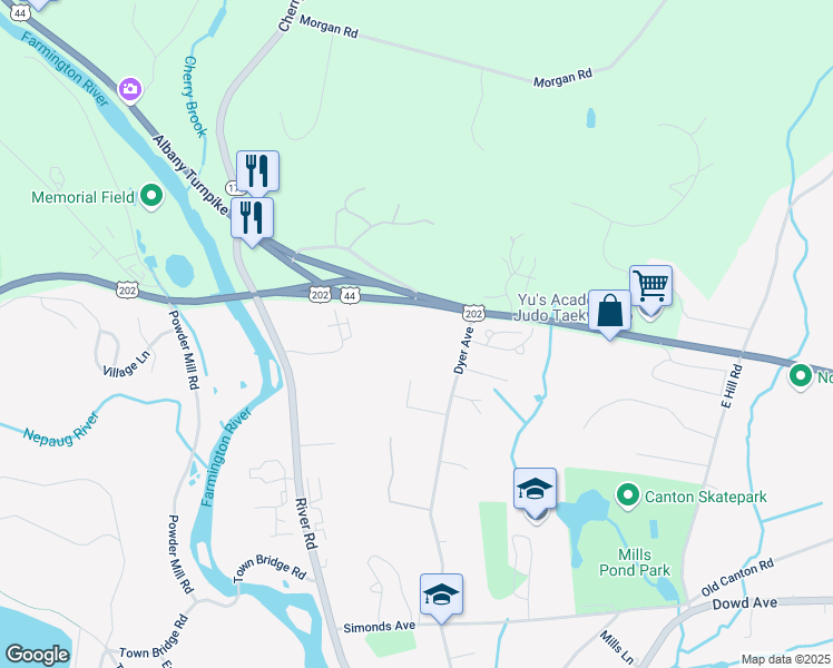 map of restaurants, bars, coffee shops, grocery stores, and more near 102 Dyer Avenue in Canton