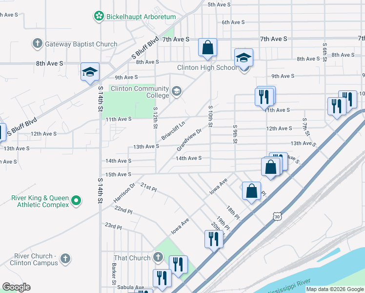 map of restaurants, bars, coffee shops, grocery stores, and more near 1001 Grandview Drive in Clinton