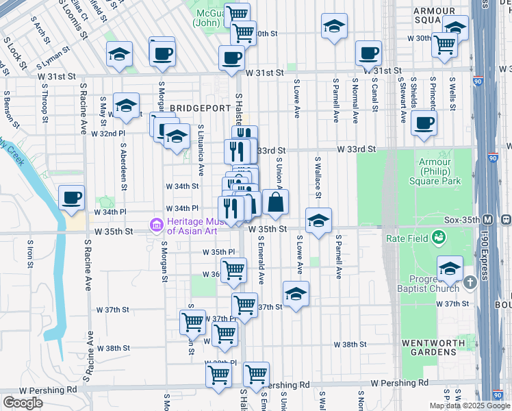 map of restaurants, bars, coffee shops, grocery stores, and more near 3422 South Emerald Avenue in Chicago