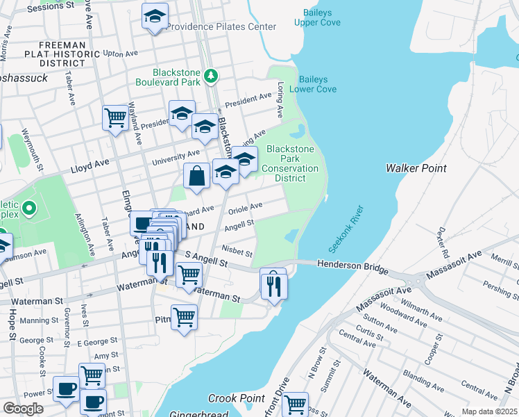 map of restaurants, bars, coffee shops, grocery stores, and more near 47 Oriole Avenue in Providence