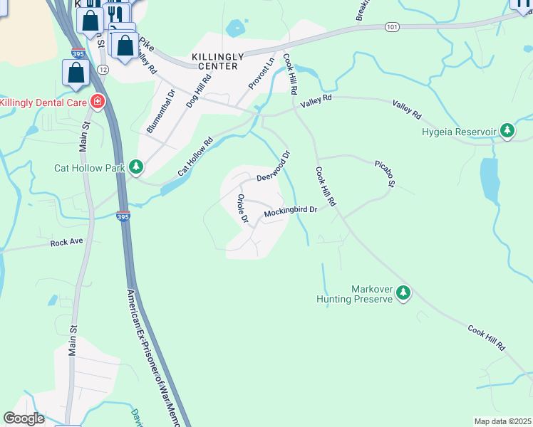 map of restaurants, bars, coffee shops, grocery stores, and more near 7 Mockingbird Drive in Killingly