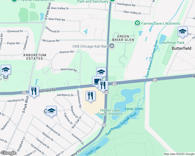 map of restaurants, bars, coffee shops, grocery stores, and more near 22W124 Butterfield Road in Glen Ellyn