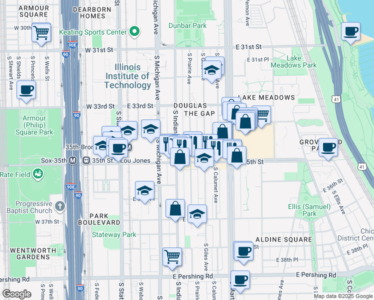 map of restaurants, bars, coffee shops, grocery stores, and more near 3424 South Prairie Avenue in Chicago