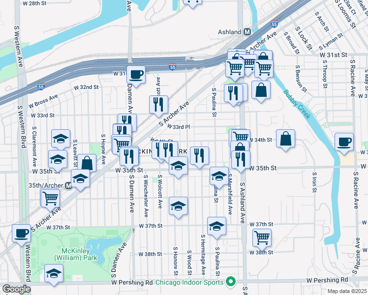 map of restaurants, bars, coffee shops, grocery stores, and more near 3410 South Wood Street in Chicago