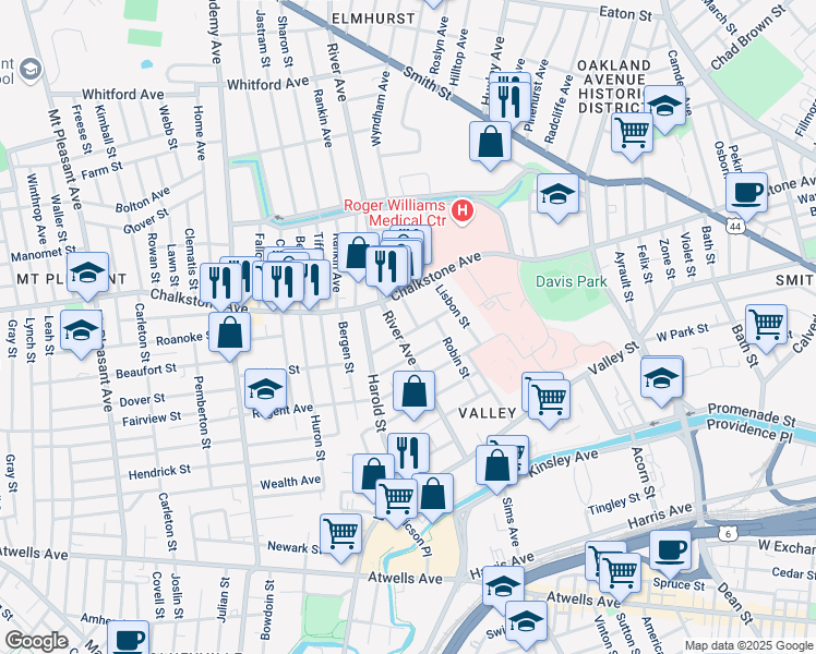 map of restaurants, bars, coffee shops, grocery stores, and more near 49 Berkley Street in Providence