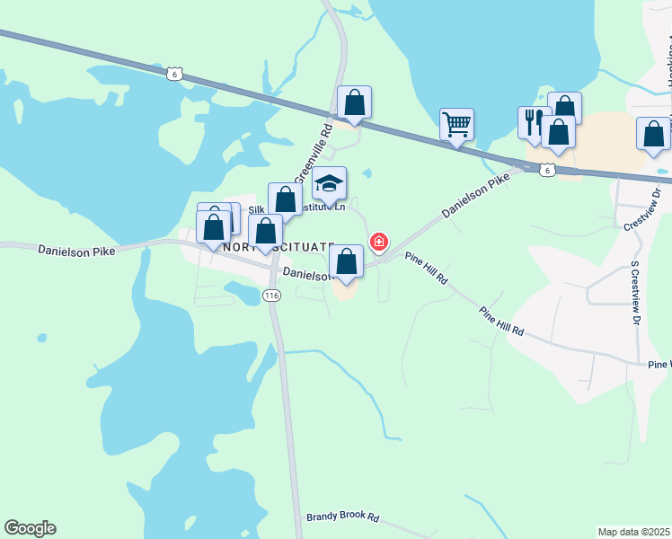 map of restaurants, bars, coffee shops, grocery stores, and more near 107 Danielson Pike in Scituate