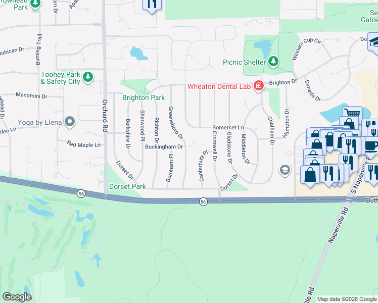 map of restaurants, bars, coffee shops, grocery stores, and more near 744 Buckingham Court in Wheaton