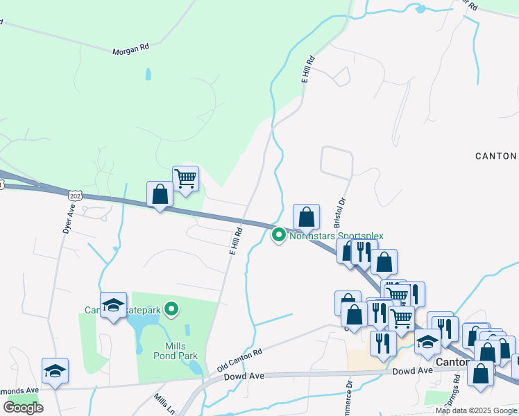 map of restaurants, bars, coffee shops, grocery stores, and more near 321 Albany Turnpike in Canton