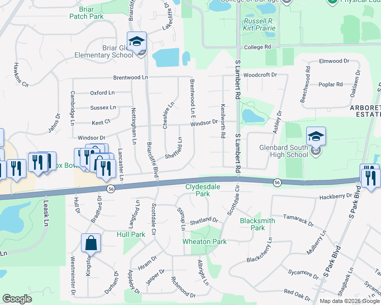 map of restaurants, bars, coffee shops, grocery stores, and more near 2000 Brentwood Lane East in Wheaton