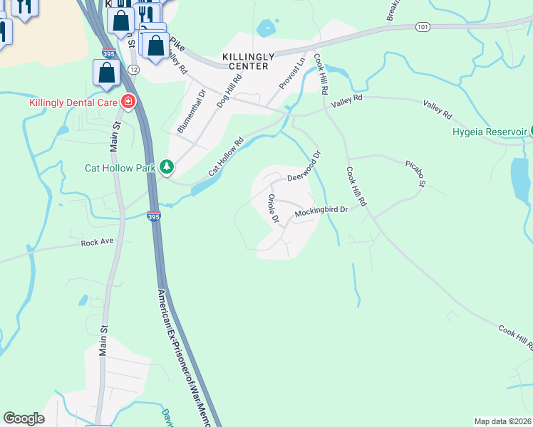 map of restaurants, bars, coffee shops, grocery stores, and more near 6 Oriole Drive in Killingly