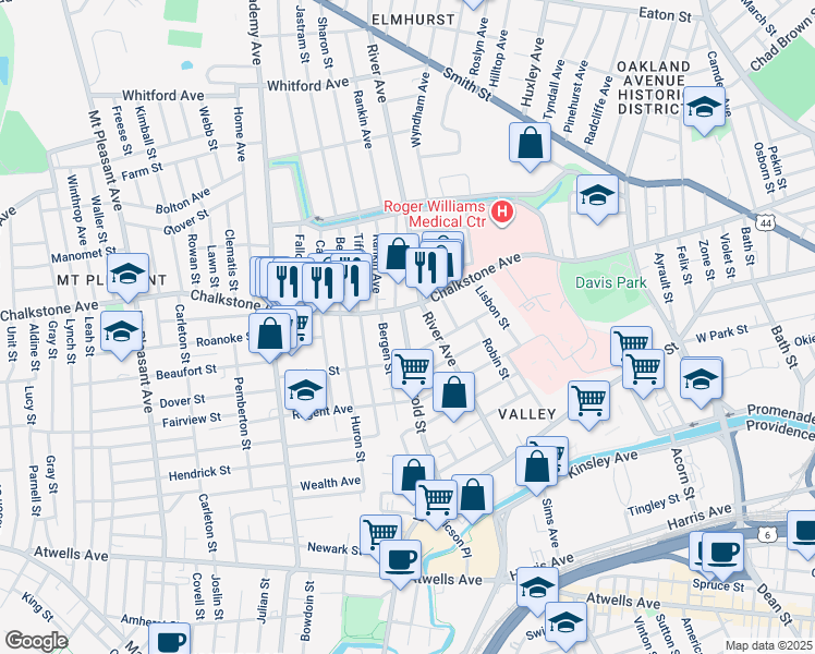 map of restaurants, bars, coffee shops, grocery stores, and more near 183 Harold Street in Providence