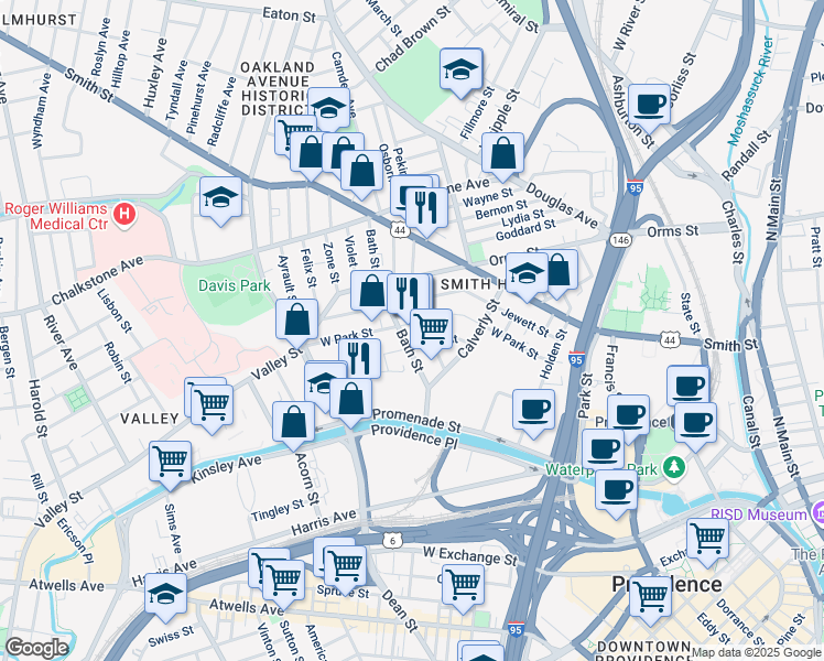 map of restaurants, bars, coffee shops, grocery stores, and more near 65 Bath Street in Providence