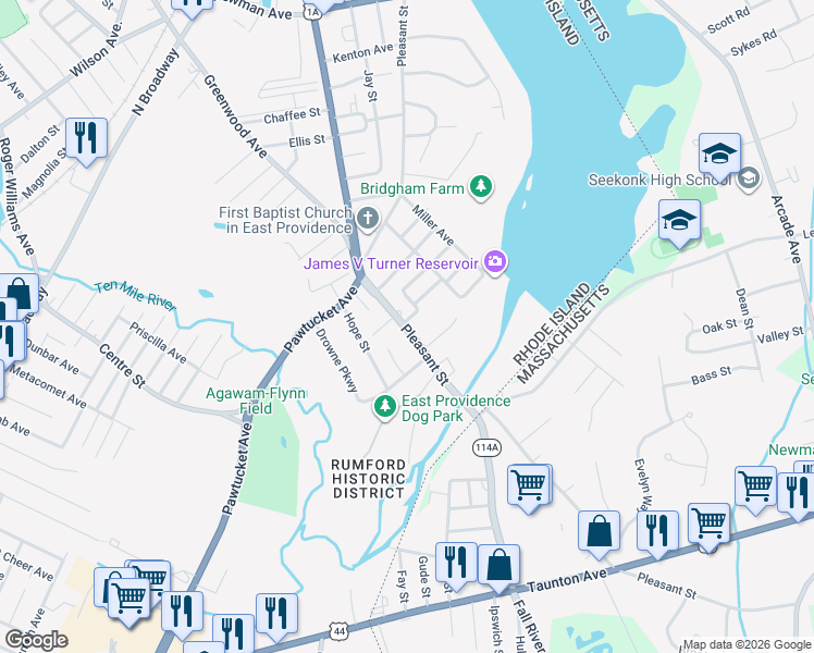 map of restaurants, bars, coffee shops, grocery stores, and more near 1 Sylvan Road in East Providence