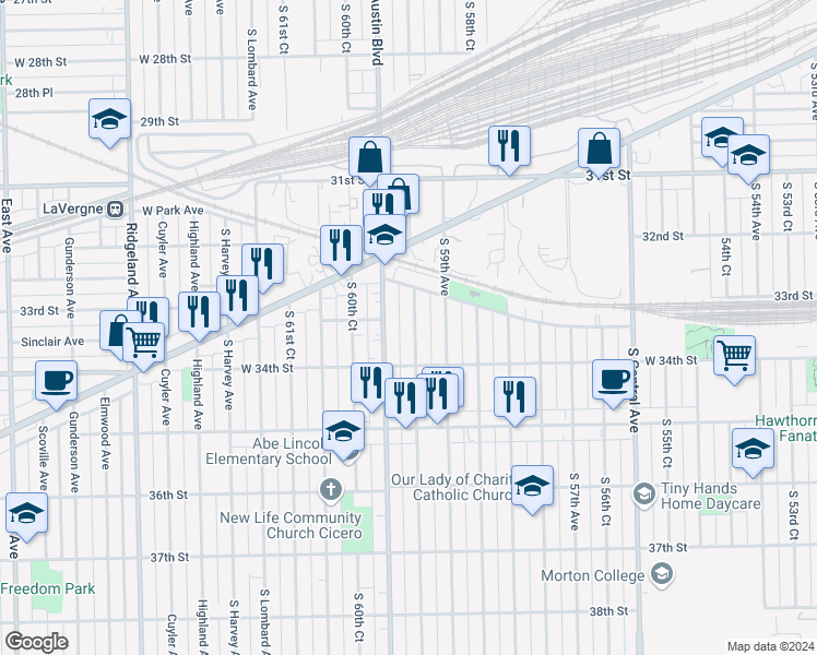 map of restaurants, bars, coffee shops, grocery stores, and more near 3304 South 59th Court in Cicero