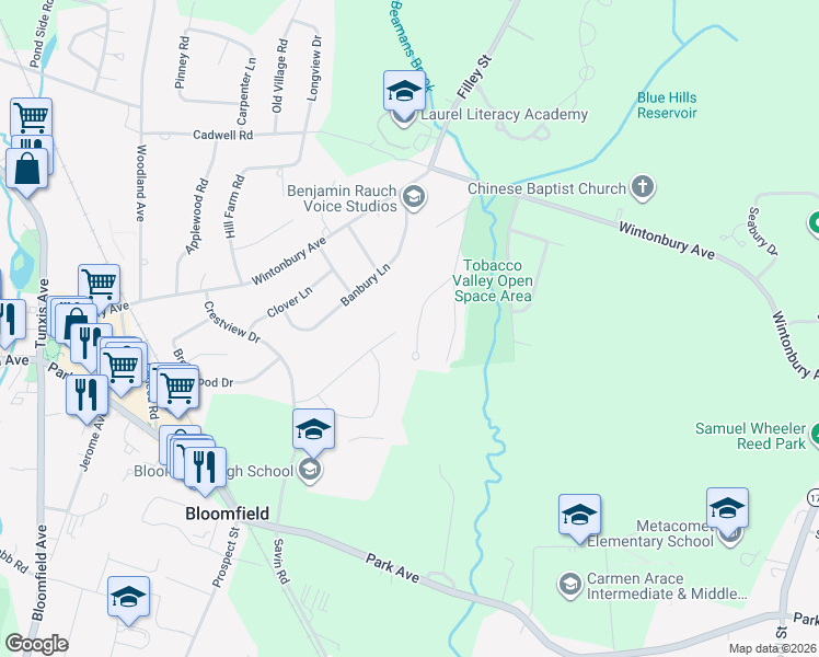 map of restaurants, bars, coffee shops, grocery stores, and more near 20 Ivory Road in Bloomfield