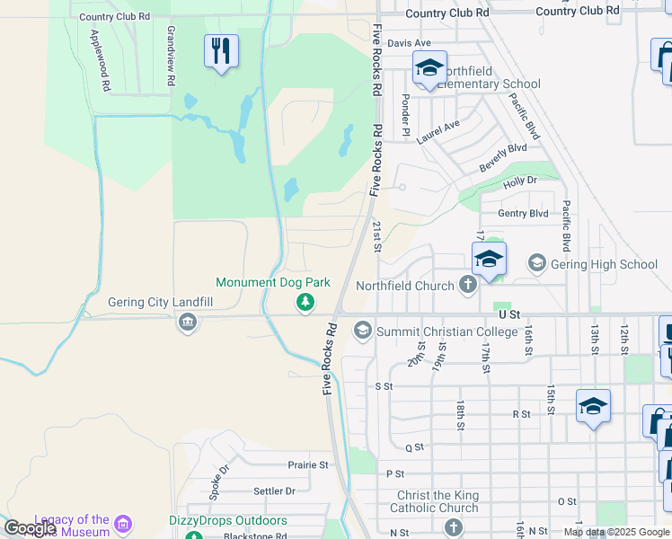 map of restaurants, bars, coffee shops, grocery stores, and more near 2305 Silver Spur Court in Gering