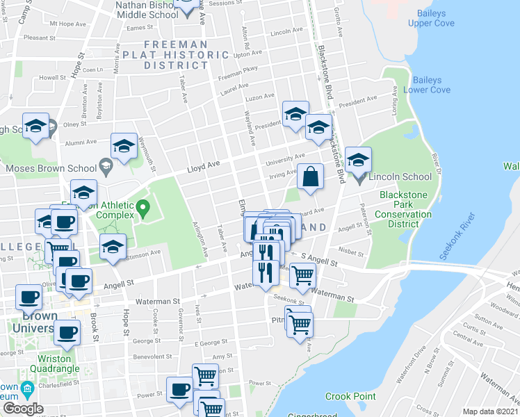 map of restaurants, bars, coffee shops, grocery stores, and more near 63 Elmgrove Avenue in Providence