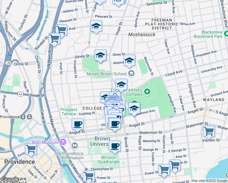 map of restaurants, bars, coffee shops, grocery stores, and more near 101 Keene Street in Providence
