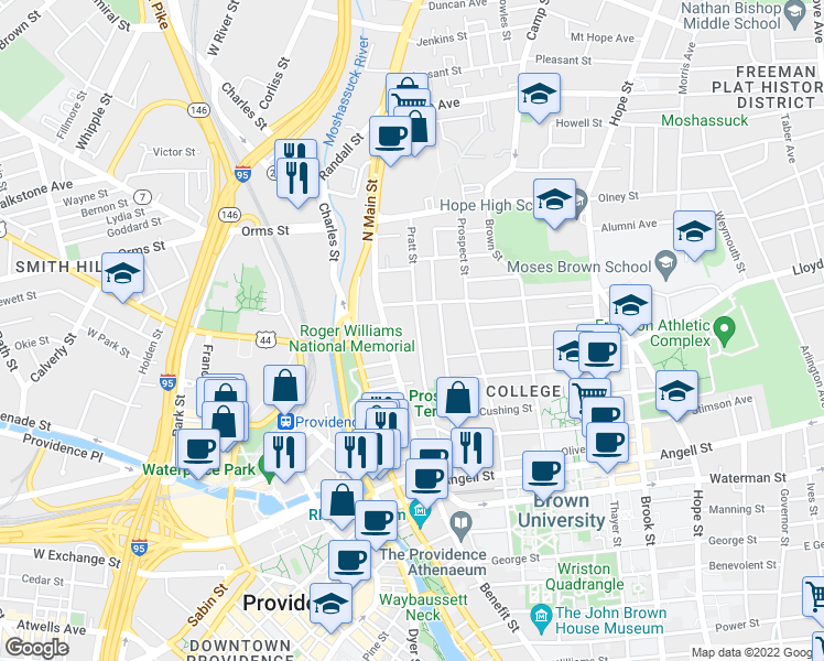 map of restaurants, bars, coffee shops, grocery stores, and more near 69 Benefit Street in Providence