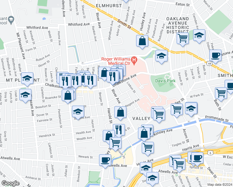 map of restaurants, bars, coffee shops, grocery stores, and more near 49 Berkley Street in Providence