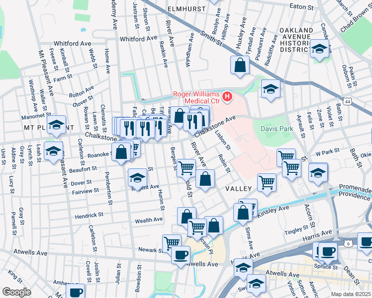 map of restaurants, bars, coffee shops, grocery stores, and more near 183 Harold Street in Providence