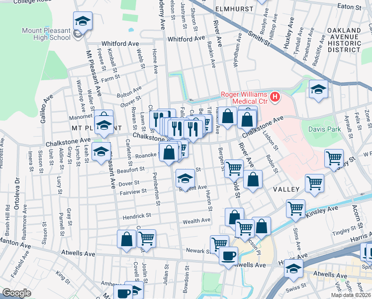 map of restaurants, bars, coffee shops, grocery stores, and more near 11 Yorktown Place in Providence