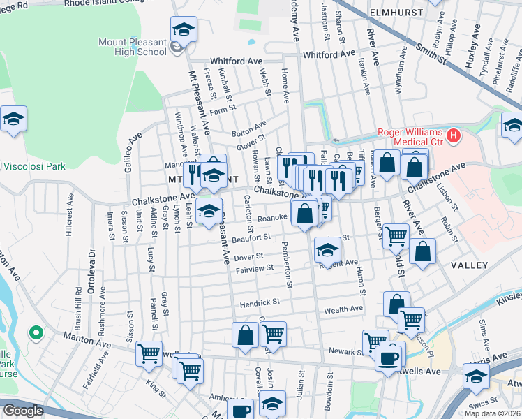 map of restaurants, bars, coffee shops, grocery stores, and more near 54 Belmont Avenue in Providence