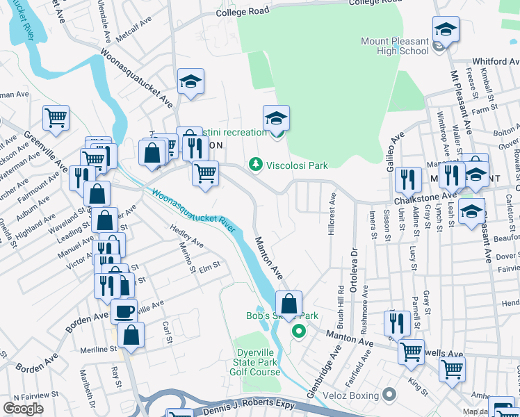 map of restaurants, bars, coffee shops, grocery stores, and more near 15 Manton Court in Providence