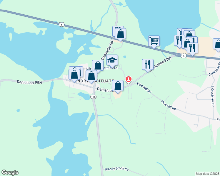 map of restaurants, bars, coffee shops, grocery stores, and more near 107 Danielson Pike in Scituate