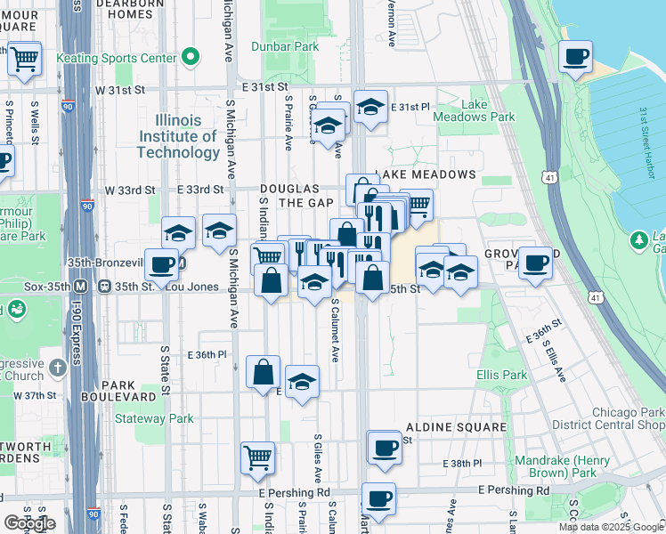 map of restaurants, bars, coffee shops, grocery stores, and more near 3429 South Calumet Avenue in Chicago