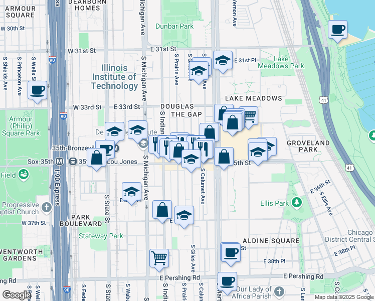 map of restaurants, bars, coffee shops, grocery stores, and more near 3430 South Giles Avenue in Chicago