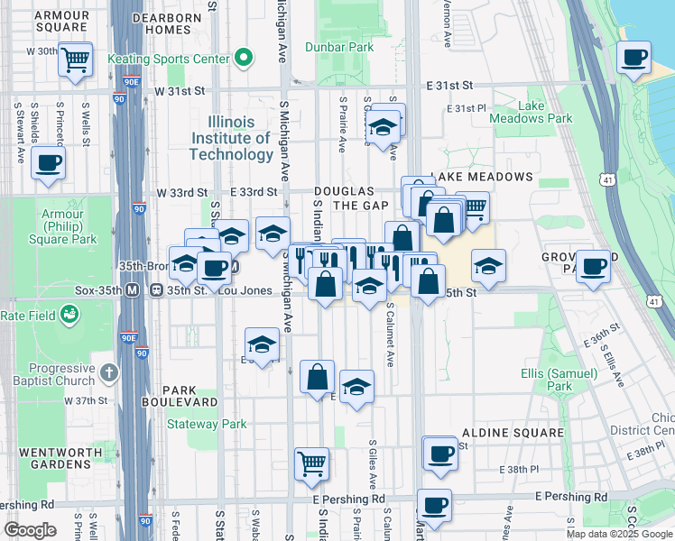 map of restaurants, bars, coffee shops, grocery stores, and more near 3424 South Prairie Avenue in Chicago