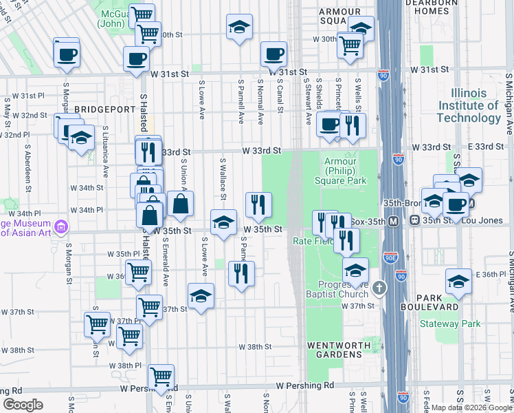 map of restaurants, bars, coffee shops, grocery stores, and more near 3420 South Normal Avenue in Chicago