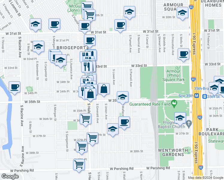 map of restaurants, bars, coffee shops, grocery stores, and more near 3419 South Union Avenue in Chicago