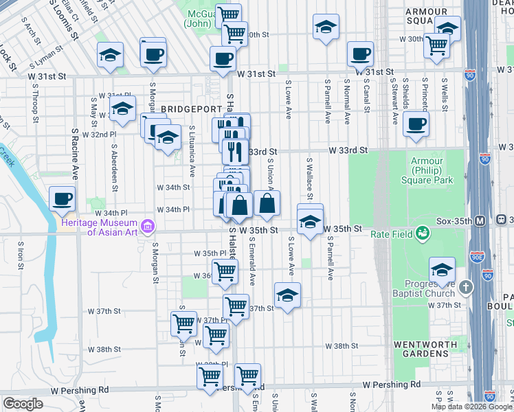 map of restaurants, bars, coffee shops, grocery stores, and more near 3422 South Emerald Avenue in Chicago