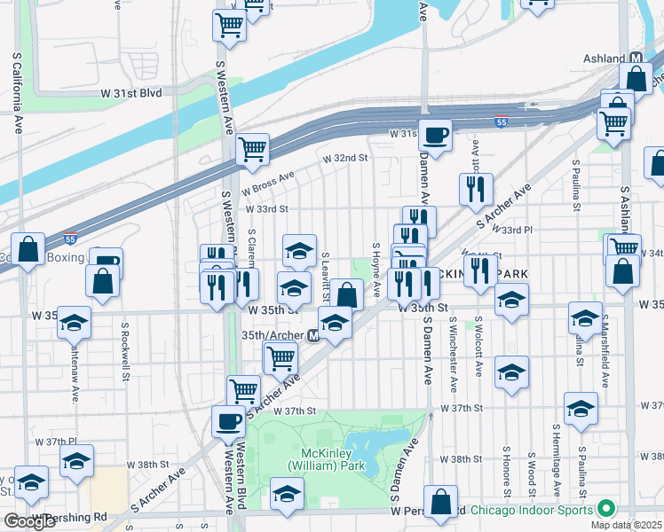 map of restaurants, bars, coffee shops, grocery stores, and more near 3400 South Hamilton Avenue in Chicago