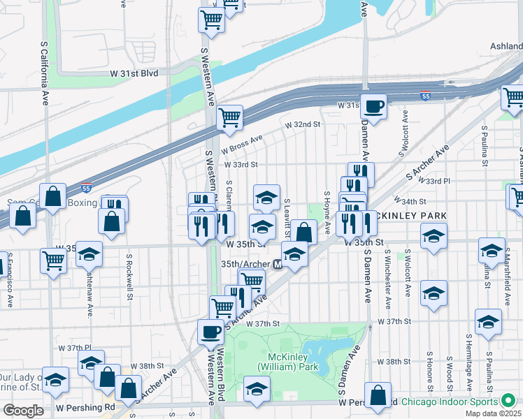 map of restaurants, bars, coffee shops, grocery stores, and more near 3401 South Oakley Avenue in Chicago