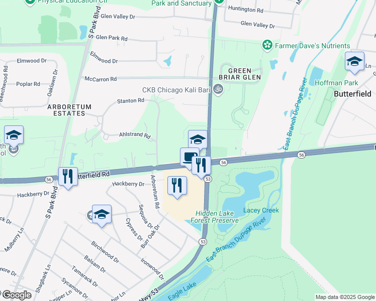 map of restaurants, bars, coffee shops, grocery stores, and more near 22W124 Butterfield Road in Glen Ellyn