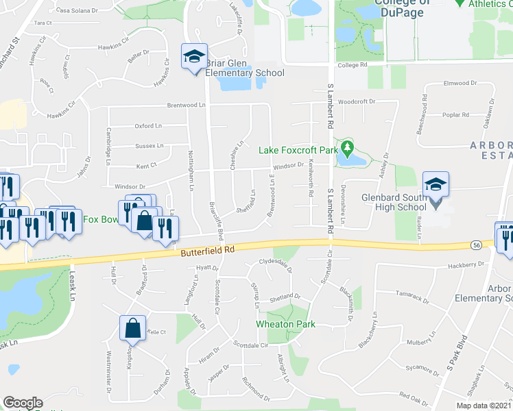 map of restaurants, bars, coffee shops, grocery stores, and more near 2000 Brentwood Lane East in Wheaton
