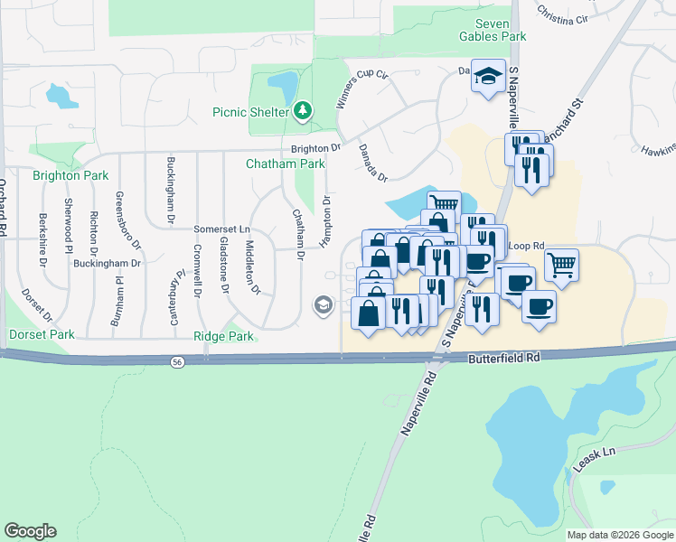 map of restaurants, bars, coffee shops, grocery stores, and more near 343 Mendelson Court in Wheaton