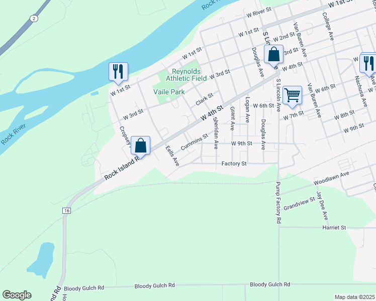 map of restaurants, bars, coffee shops, grocery stores, and more near 2106 Cummins Street in Dixon