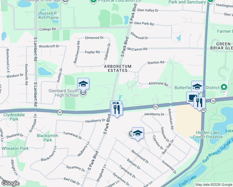 map of restaurants, bars, coffee shops, grocery stores, and more near 25701 Parkview Drive in Glen Ellyn