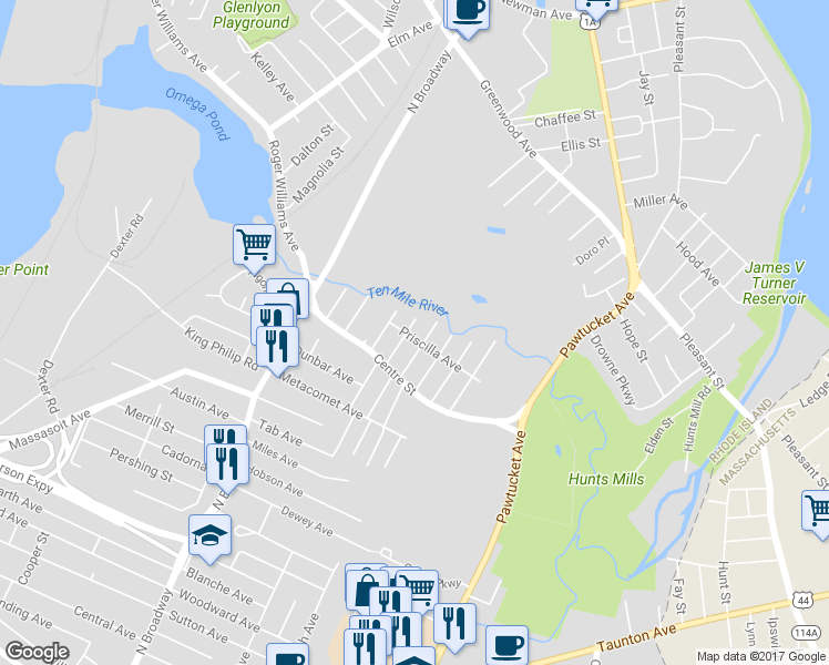map of restaurants, bars, coffee shops, grocery stores, and more near 44 Priscilla Avenue in East Providence