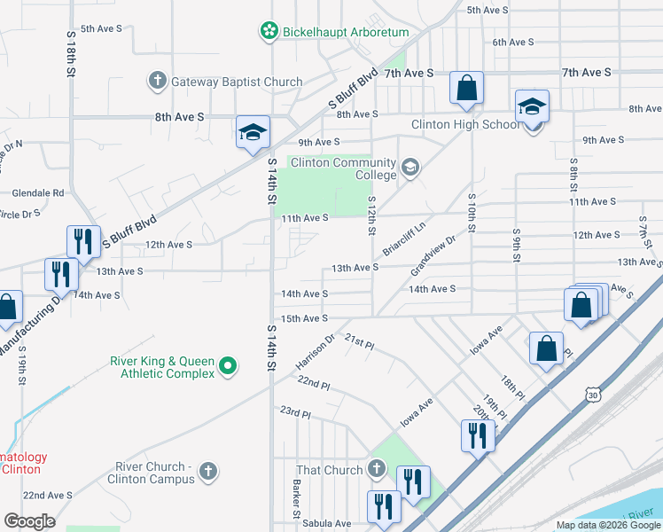 map of restaurants, bars, coffee shops, grocery stores, and more near 1244 13th Avenue South in Clinton